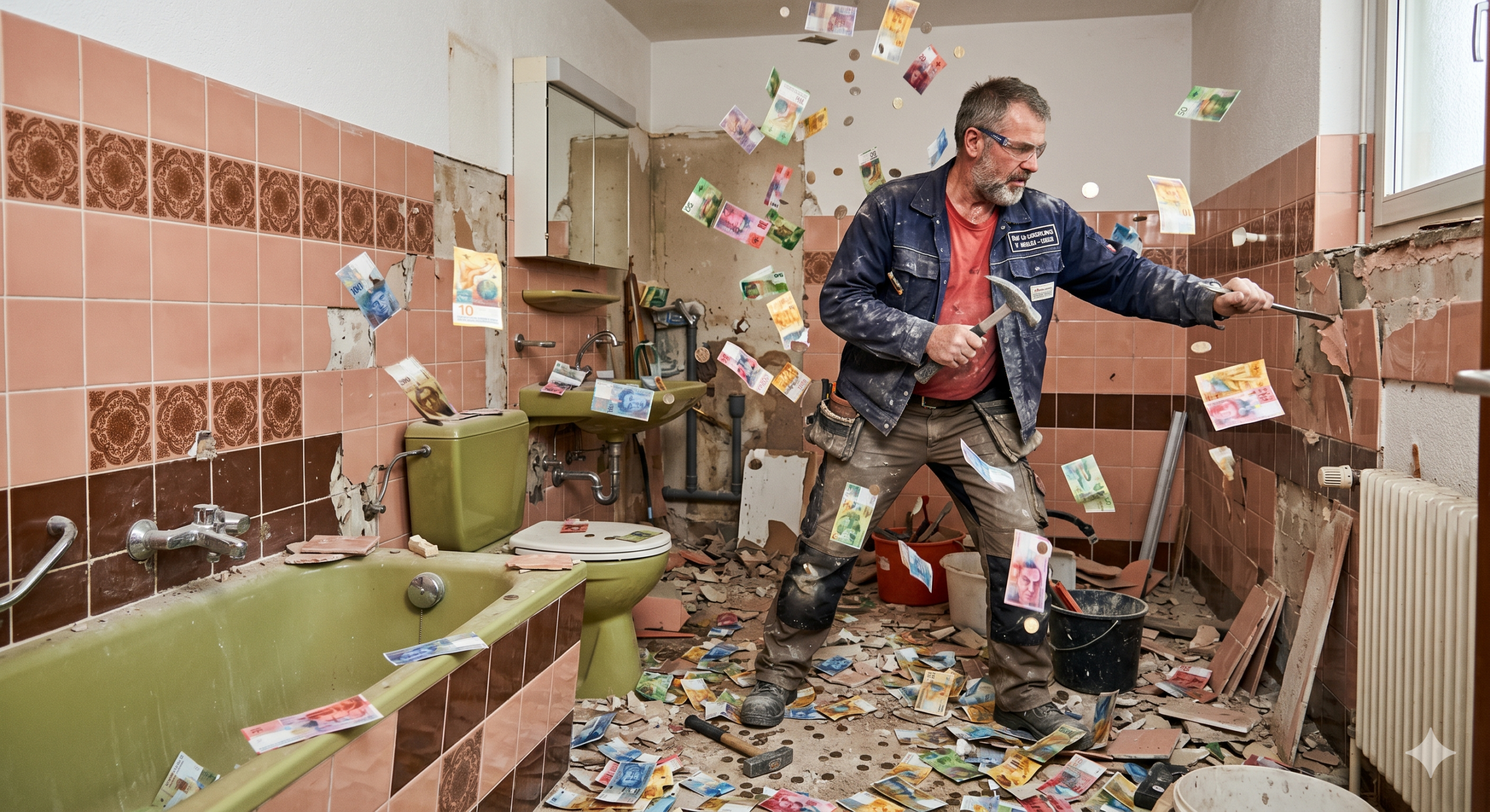 Ein Handwerker zerschlägt bei einer Hausrenovation ein altes Badezimmer, während Geldscheine durch die Luft fliegen. Symbolbild für unnötige Renovationskosten beim Hausverkauf im Seeland.