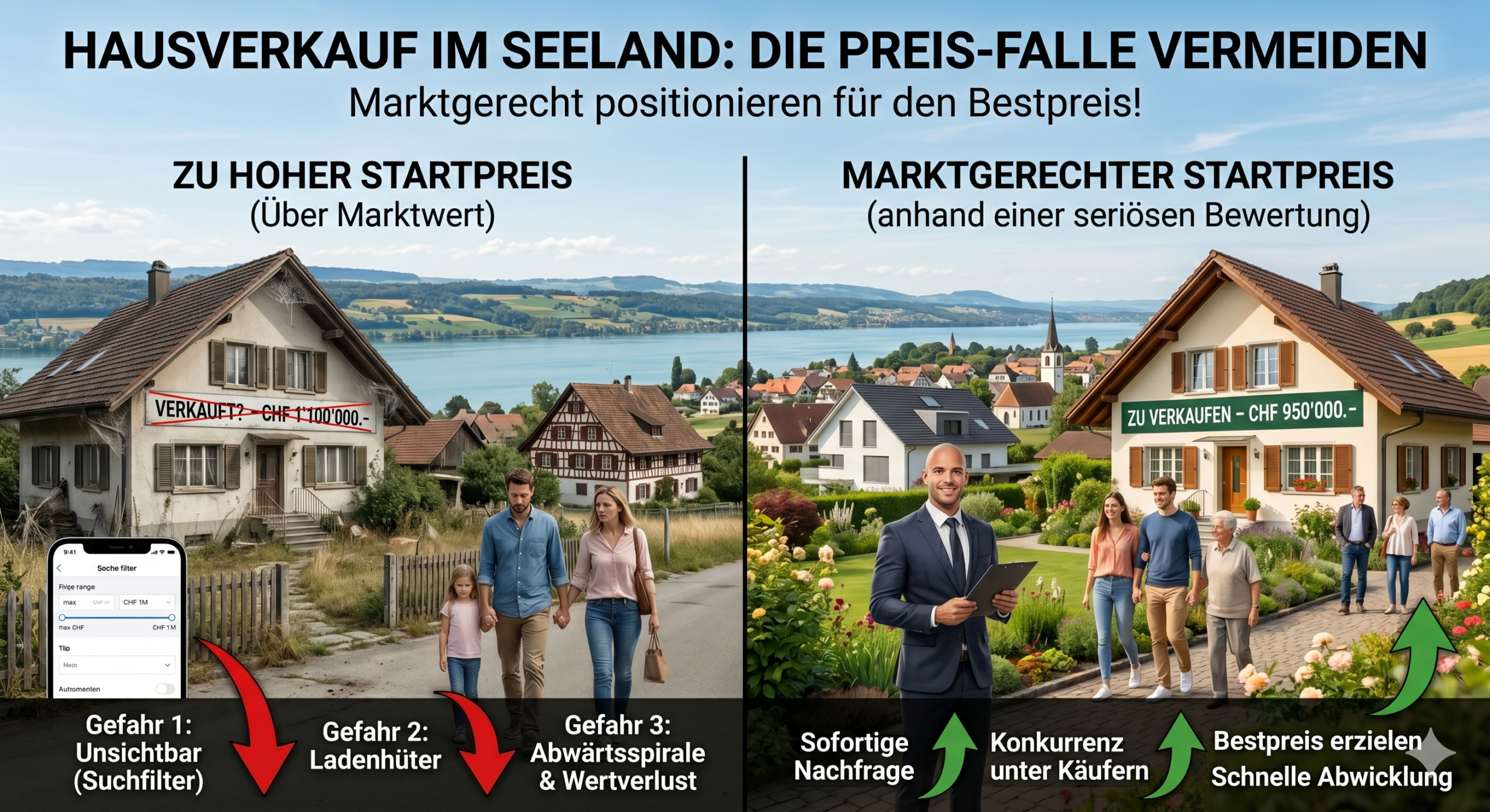 Eine Infografik zum Hausverkauf im Seeland, die den Unterschied zwischen einem zu hohen Startpreis mit Gefahren wie dem Ladenhüter-Effekt und einem marktgerechten Startpreis für den Bestpreis zeigt.
